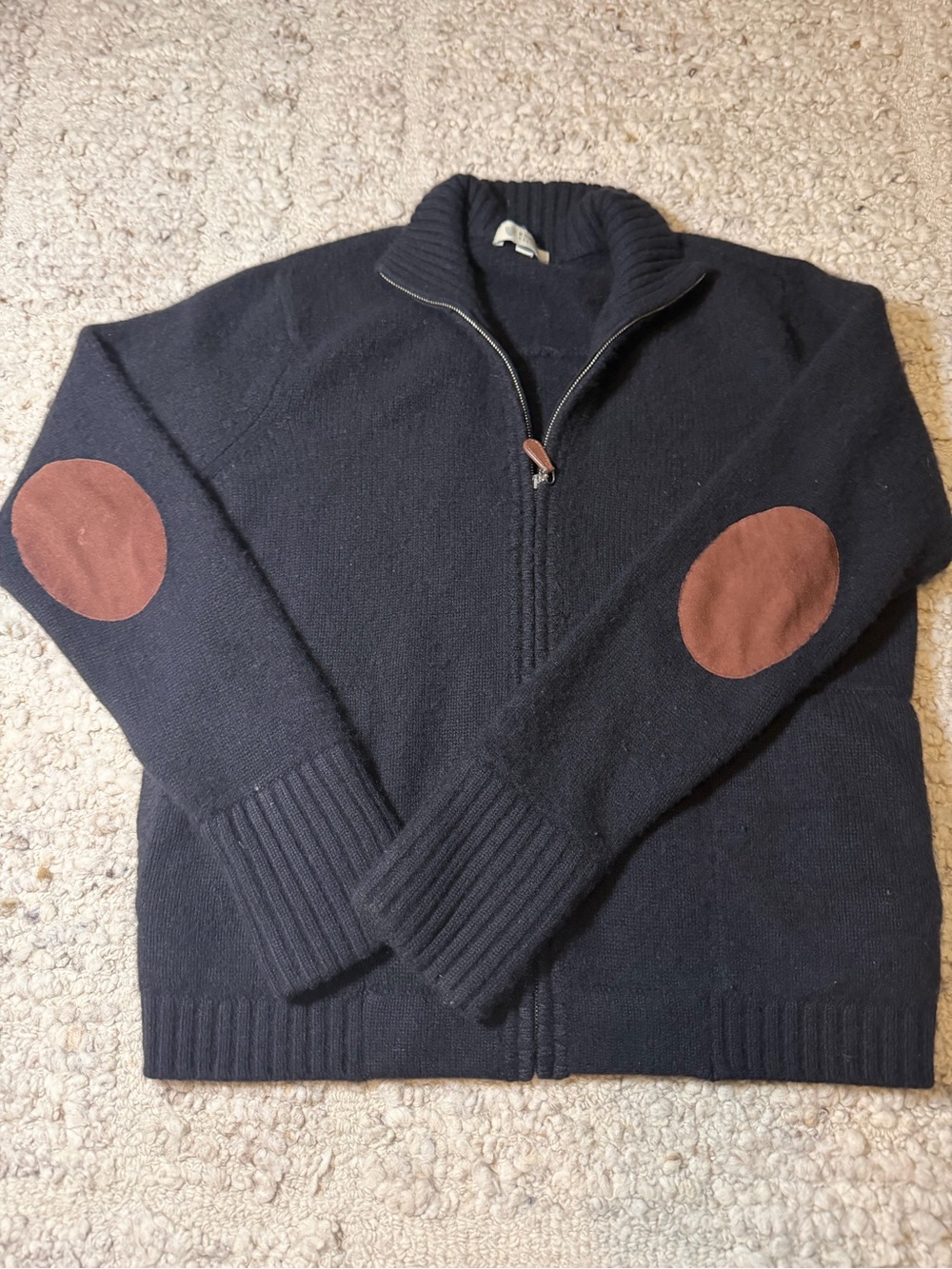 Kinross Black Cashmere Sweater with Brown Elbow Patches